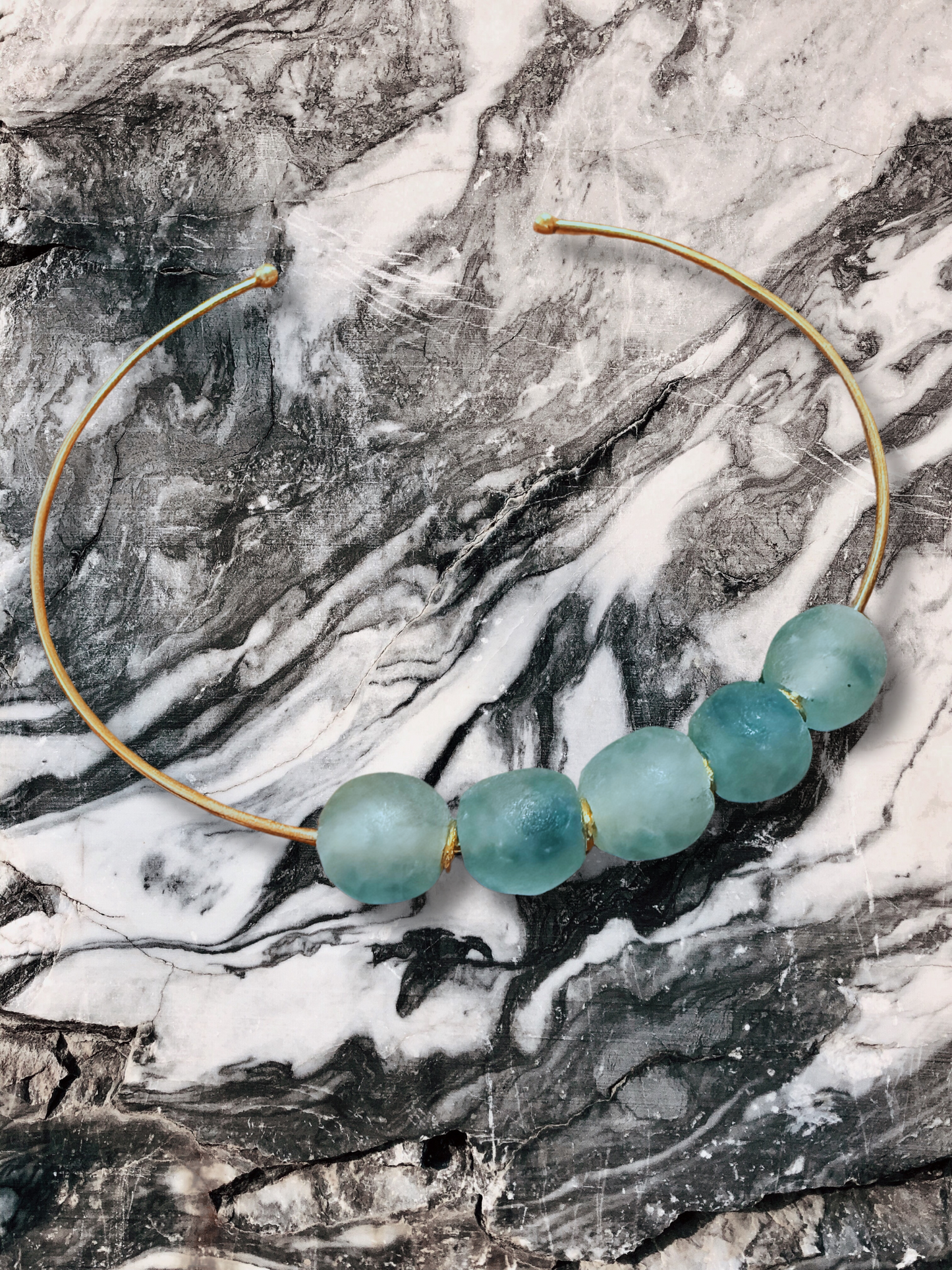 Aqua Sea Glass Brass Beaded Collar Necklace