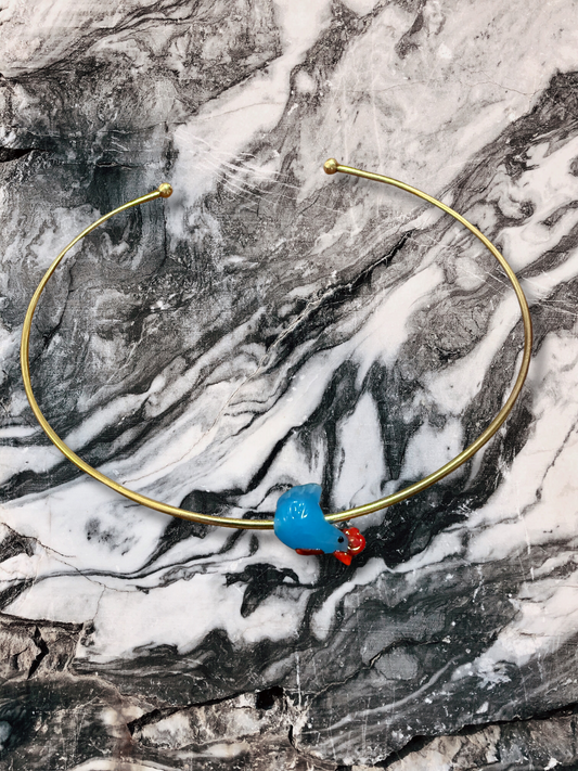 Glass Blue Rooster Brass Collar Necklace