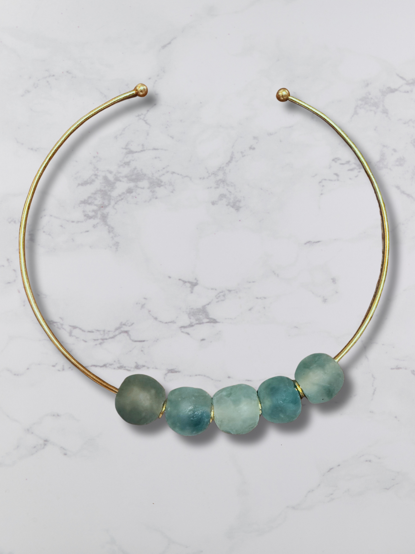 Aqua Sea Glass Brass Beaded Collar Necklace